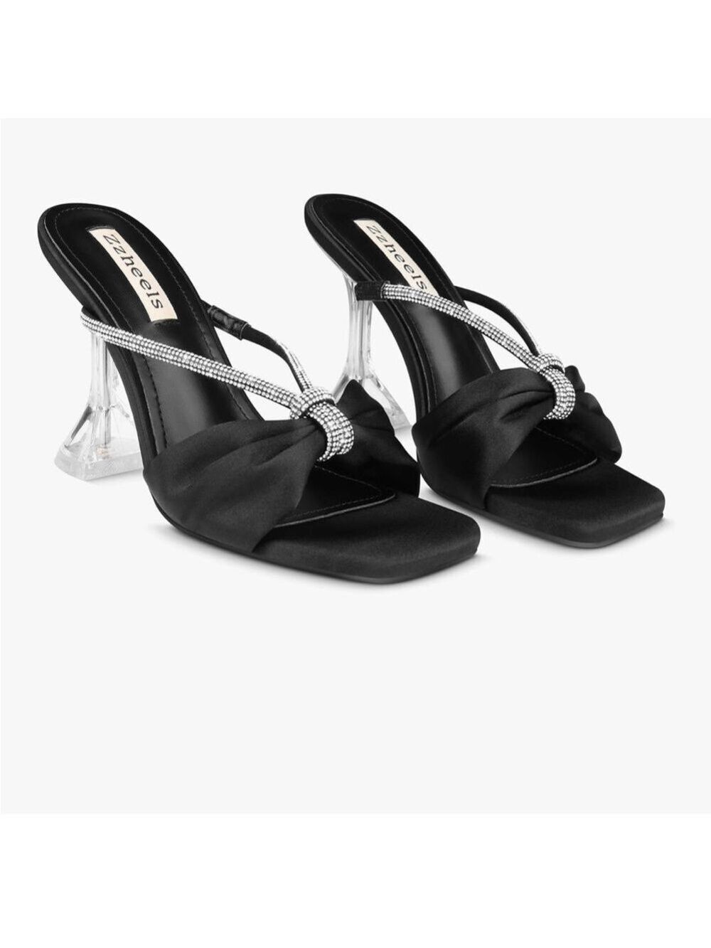 Zzheels Rhinestone Bow Heels Square Toe Slip On Sandals